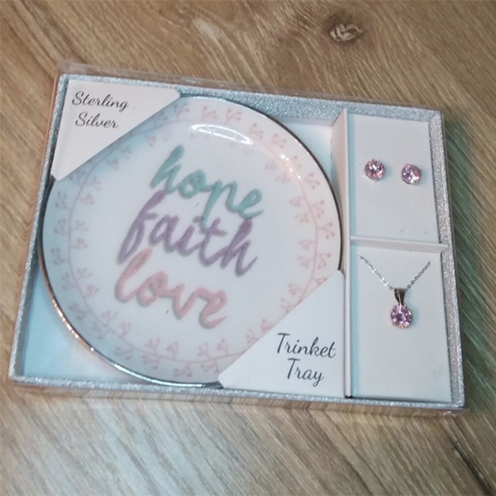 Sterling Silver Trinket Plate + Jewelry Set New Faith Hope Love GIFTABLE.